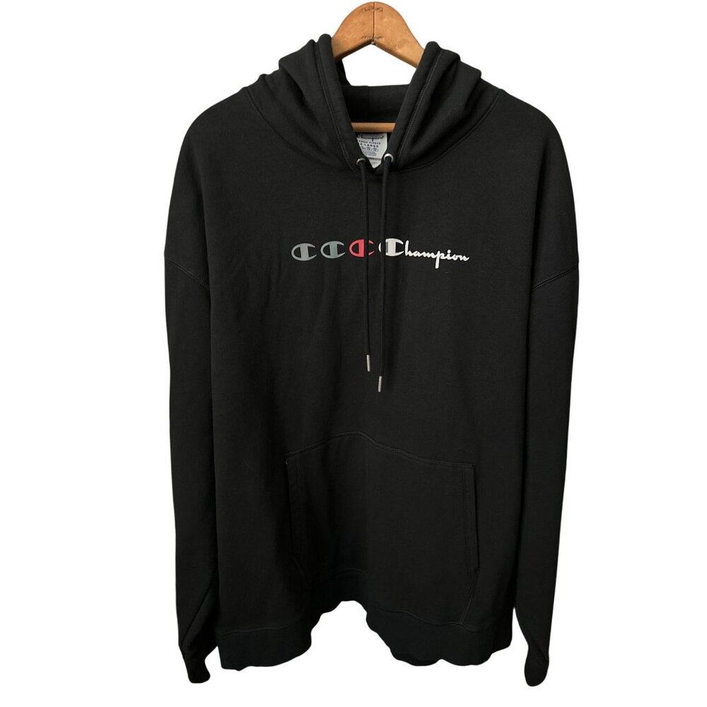 Champion Black Logo Hoodie Classic Fleece Pull Over Cotton Polyester Size 2X